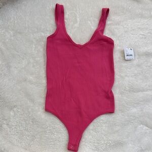 Free People Pink Ribbed Bodysuit CS/S